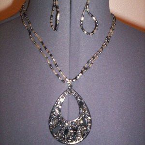 2 PC Retro Necklace & Earring Oval Beads Teardrop Fashion Jewelry Set